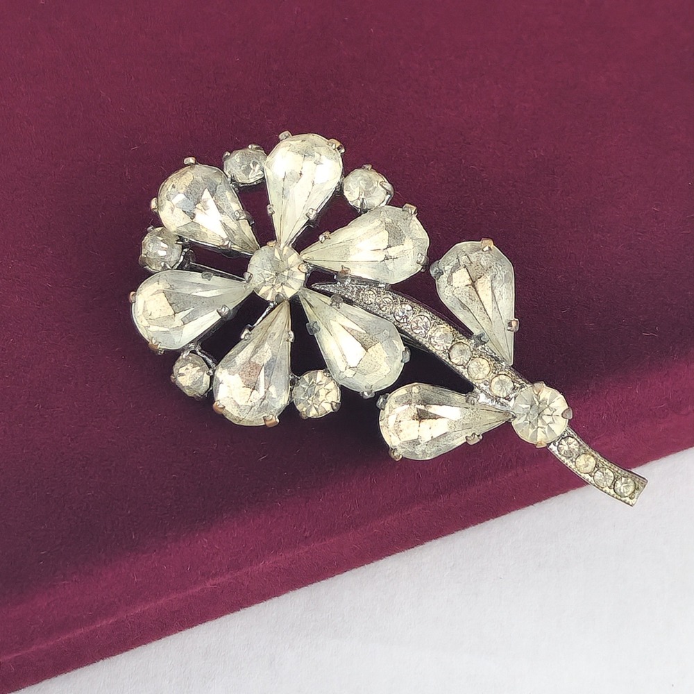 Vintage Signed CZECHO Clear Glass Rhinestone Flower Spray Brooch Silver Tone